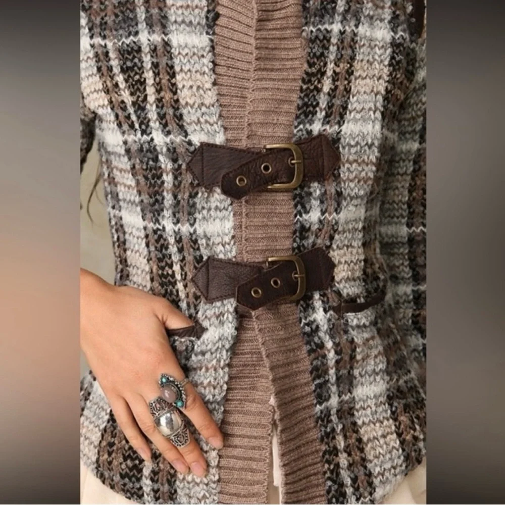 FREE PEOPLE ~ Brown Plaid Knit/Tweed Shacket with Buckle Details size 6